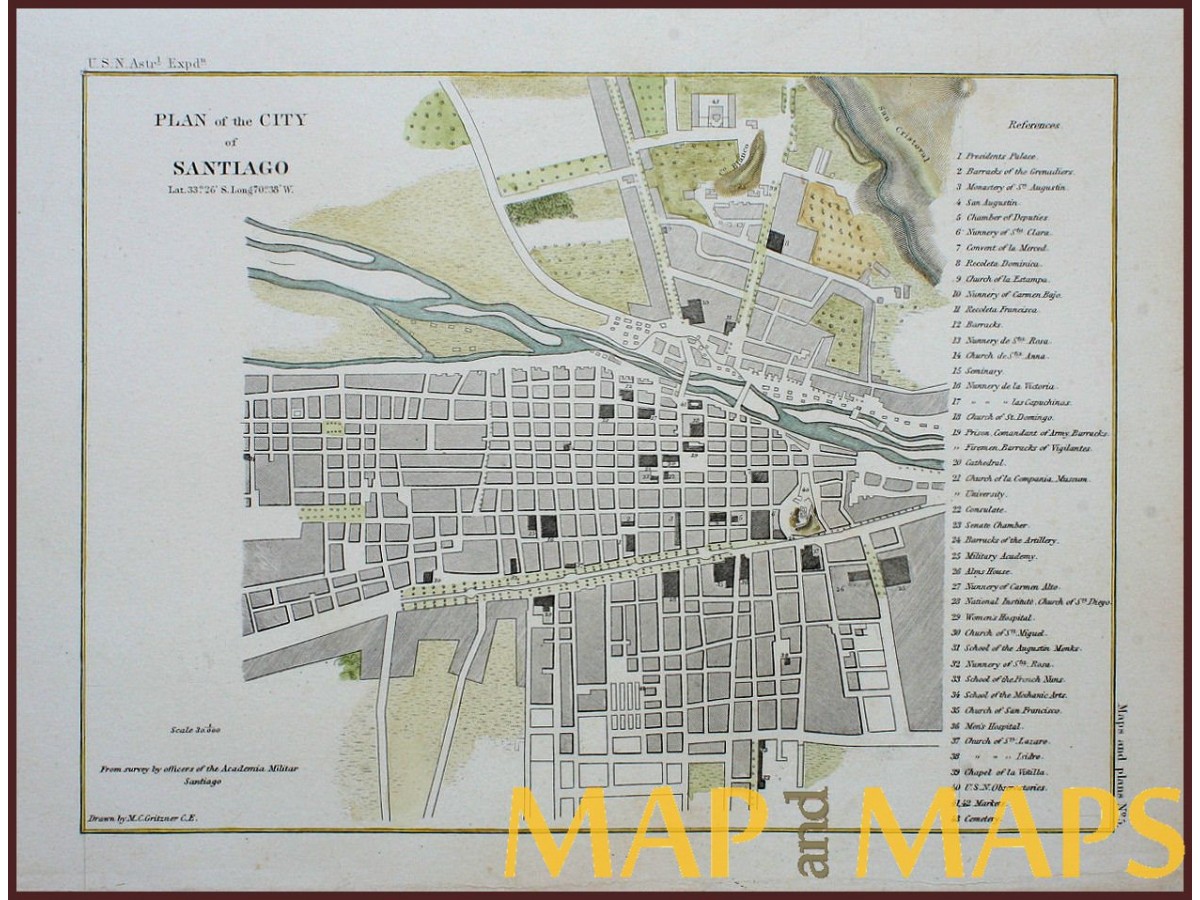 Antique Map Plan Of The City Of Santiago Santiago De Chile By Duval 1852