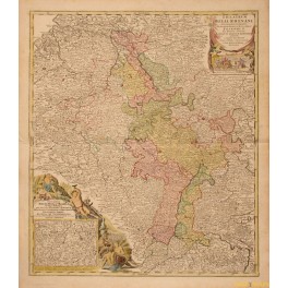 1720 antique map, THEATRUM BELLI RHENANI, German Hungarian, Switzerland, by Homan