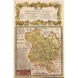 HUNTINGDONSHIRE ANTIQUE ROAD MAP HAND COLORED BY BOWEN/OWEN 1761