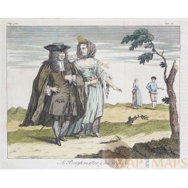 Dutch Mayor and his Wife, old copper engraving 1760.