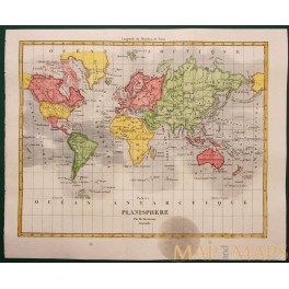 ANTIQUE MAP PLANISPHERE PANORAMA OF THE WORLD BY DUVERNAY 1840