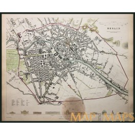 ANTIQUE HAND COLORED MAP BERLIN GERMANY OLD TOWN PLAN BALDWIN & CRADOCK 1833