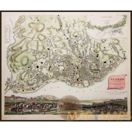 Lisbon, Portugal, Antique hand colored map,by Baldwin & Cradock 1833