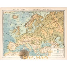 Antique map Physical map of Europe. Meyers 1895.