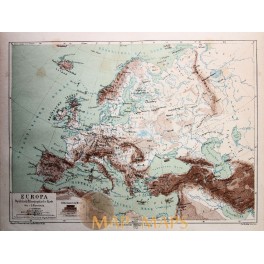 PHYSICAL MAP OF EUROPE, TURKEY ANTIQUE MAP, MEYERS 1897