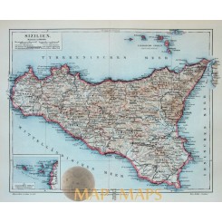 Sicily Italy Old Antique Map Sizilien Meyer Lexikon 1905