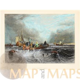 MARKET BOAT, SEA VIEW, ANTIQUE PRINT by Stanfield 1850