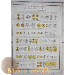 French and Foreign Coins. Old Print 19th Century