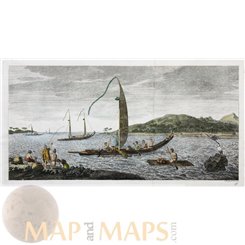 Tahiti Matavai Bay sailing canoes Old print Cook voyages 1778