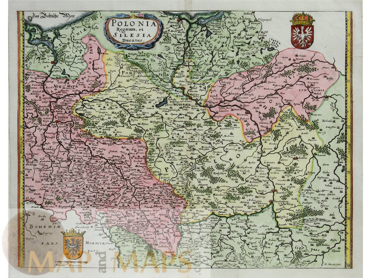 Polonia Regnum, et Silesia. Old map Mattheus Merian 1646