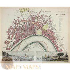 Bordeaux old town plan map France Baldwin Cradock 1832 