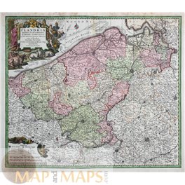 FLANDRES BELGIUM-FLANDRIA-ANTIQUE MAP BY SEUTTER/LOTTER 1725