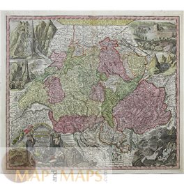 NOVA TOTIUS HELVETIAE, ANTIQUE MAP SWITZERLAND BY SEUTTER/LOTTER 1730