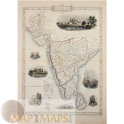 Southern India Antique map India Ceylon Tallis Rakin 1851