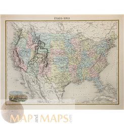 United States Antique map Etats Unis by Migeon 1864