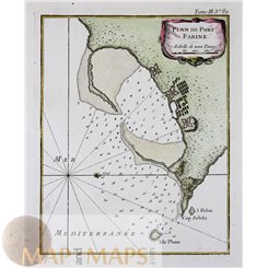 NAUTICAL CHART OF PORT FARINE, TUNISIA, MEDITERRANEAN, ANTIQUE MAP BELLIN 1764