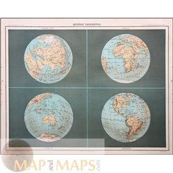 Antique map Terrestrial Sphere, Europe Asia, Africa, Australia Americas by Schrader 1893