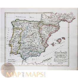 SPAIN PORTUGAL HISTORICAL ORIGINAL ANTIQUE MAP - KARL SPRUNER 1846