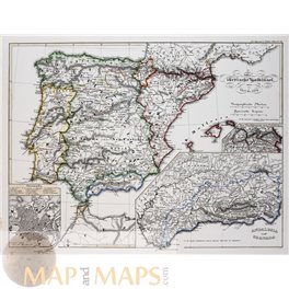 Spain Portugal antique map Iberian Peninsula Spruner 1846