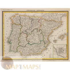IBERIAN PENINSULA-PORTUGAL AND SPAIN-ANTIQUE MAP-HECK 1842
