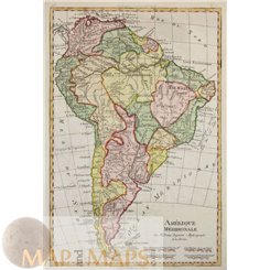 Antique map of South America, copper plate engraved map, by Rigobert Bonne 1787