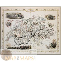 SWITZERLAND, ANTIQUE MAP, FULL COLOR, RAPKIN/TALLIS 1851.