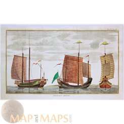 Chinese vessels color engraving Vaisseaux Chinois Capt. Anson 1764