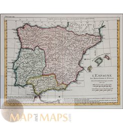 Spain Portugal Old map L'Espagne Rollin Anville 1741