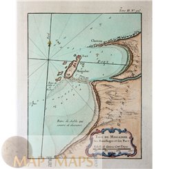 MOGADOR ISLAND MOROCCO, ILES PURPURAIRES, ANTIQUE MAP, BELLIN/PREVOST C. 1750