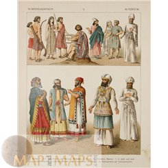 Middle East, Antiquity Costumes, Syrians, Hebrews, old antique print, 1880