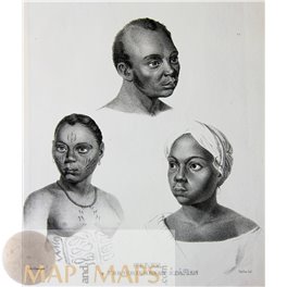 ANTIQUE PRINT, NEGROES FROM VARIOUS TRIBES, NUDE TATTOO BY HONEGGER 1850