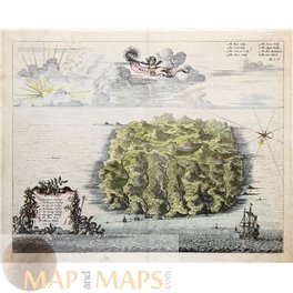 ANTIQUE MAP ST. HELENA ISLAND UK ATLANTIC OCEAN SHIPS NAPOLEON BY OGILBY 1670