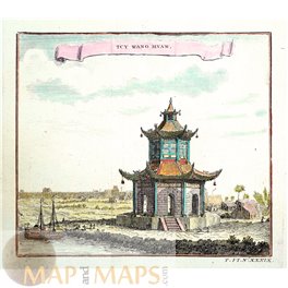 Tao Temple Sin-ko-tsyen China Old print 1750