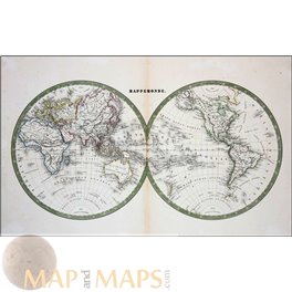  Mappemonde Old World Map Hemisphere Malte Brun 1855