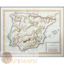 Spain Portugal Physical Geography Map by Mentelle 1767