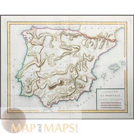 Spain Portugal physical geography map by Mentelle 1767