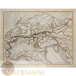 ANTIQUE MAP GEOLOGY OF THE ALPS MOUNTAIN CHAINS HAND COLORED BY DUSSIEUX 1846