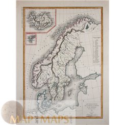 Denmark Iceland Norway Sweden antique map by Dussieux 1845