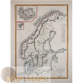 Denmark Iceland Norway Sweden antique map by Dussieux 1845