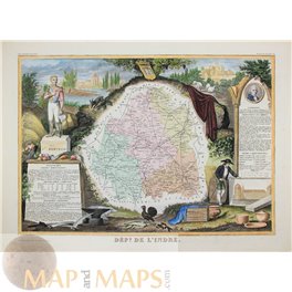 France Early old map Département de l'Indre Levasseur 1861