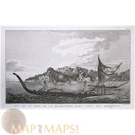 Marquesas Islands canoe, Old Print Voyage James Cook 1780
