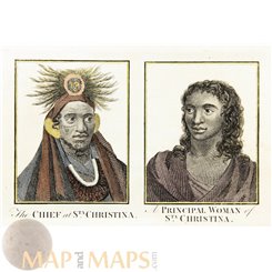 Antique print, natives South Pacific, St. Christina Island, Cook voyages by Hogg 1790.