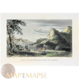 SCHENE ON THE MEDITERRANEAN - antique print 1838