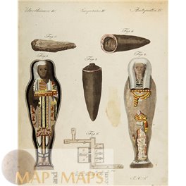 Mummies of Ancient Egypt, old antique print, Bertuchs 1800.