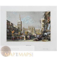 SEVILLE, VIEW OF THE CATHEDRAL SPAIN ANTIQUE PRINT MEYER 1838