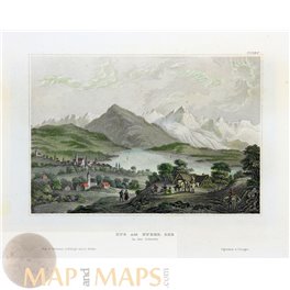 Old antique print, Zug, Switzerland, Lake Zug Meyers 1840.