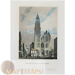 ANTWERP GOTHIC CATHEDRAL ANVERS ANTIQUE OLD PRINT 1850
