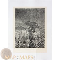 Shepherdess in heavy rain Antique Etching Print Paulussen 1897