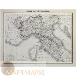 Antique map Northern Italy, Toscane-Sardinia-Lombardia Hand colored-Migeon 1884