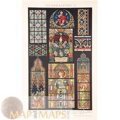 Stained Glass of Cathedrals, antique print 1894